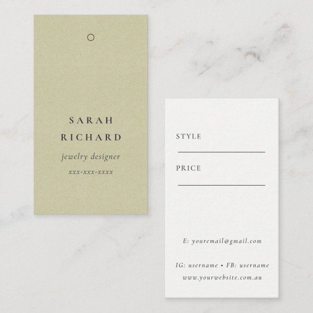 Carte De Visite Élégant Simple Minimal Kraft Blanc Prix Nom de la  (Devant / Derrière)