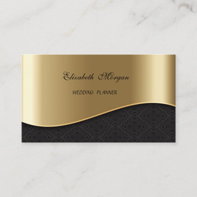 Carte De Visite Elégant Sophistiqué Faux Gold, Black Damask (Devant)