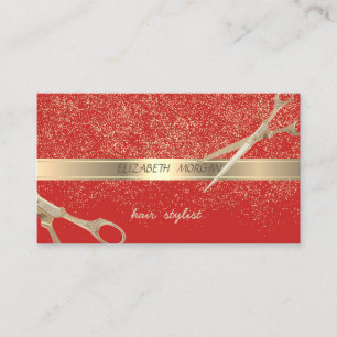 Carte De Visite Élégant Stylé, Rouge, Confettis Dorés, Ciseaux