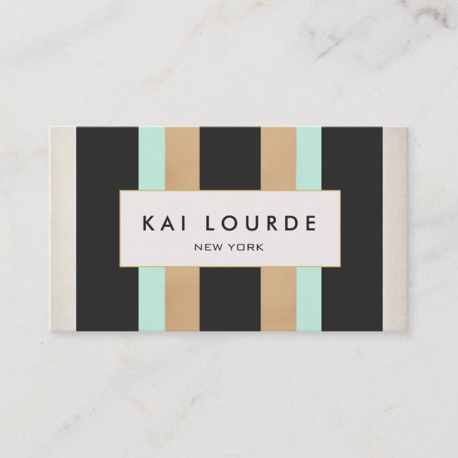 Carte De Visite Elégant style Turquoise Gold et Black Striped (Devant)