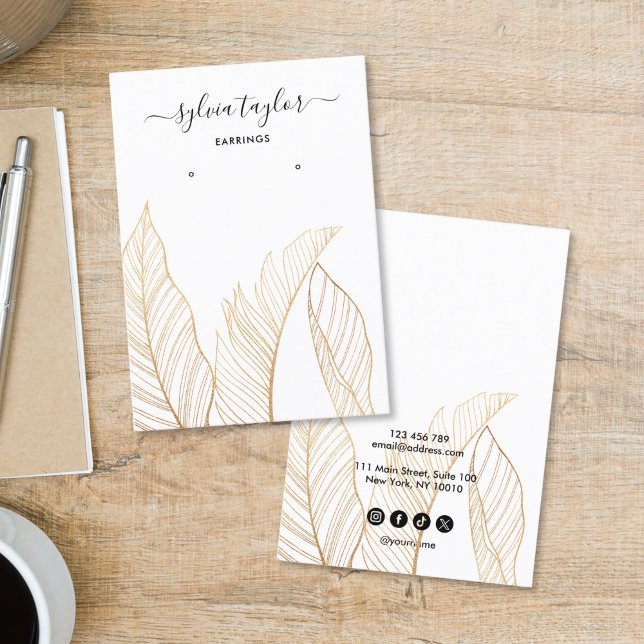 Carte De Visite Elegant Tropical Earring Frame Display Add Logo (hand made earring display card with gold tropical leaves)