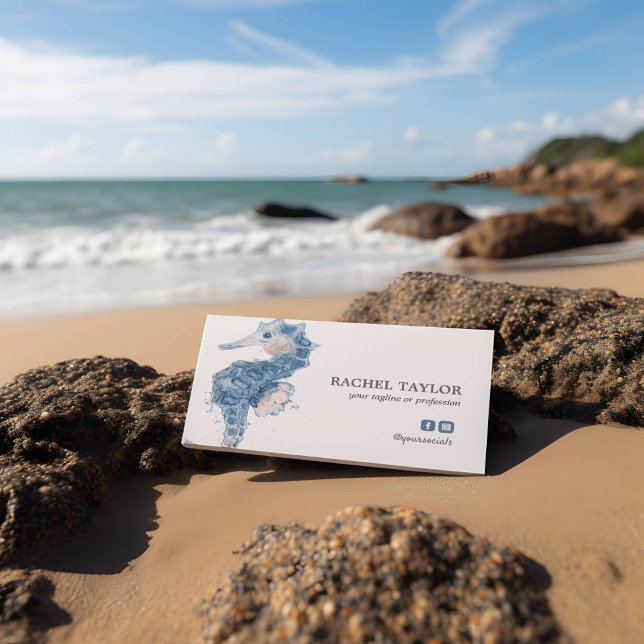 Carte De Visite Elégant Tropical Seahorse bleu rose Plage Côte (Créateur téléchargé)