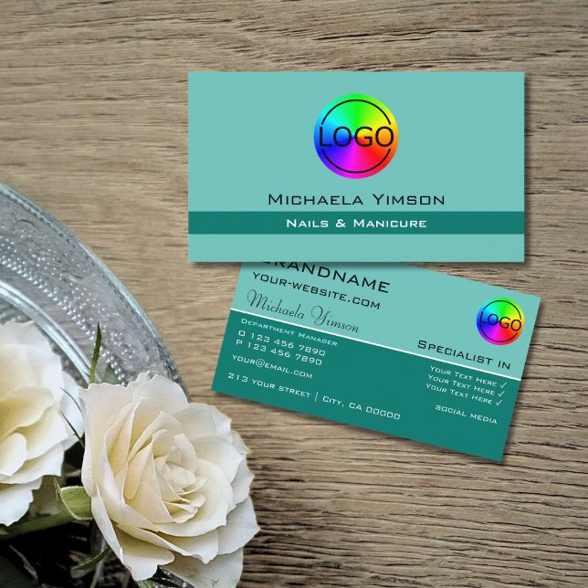 Carte De Visite Élégant Turquoise classique chic avec logo profess (Créateur téléchargé)