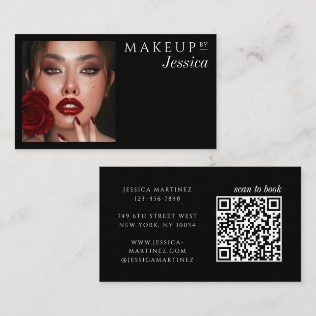 Carte De Visite Elegant Typography Black QR Code Photo Makeup (Devant / Derrière)