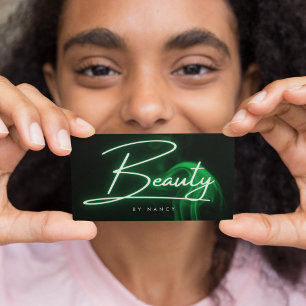 Carte De Visite Élégant vert néon & fumée Salon de beauté Script