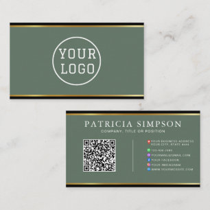 Carte De Visite Élégant Vert Sauge Noir Or Code QR Professionnel
