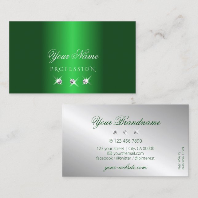 Carte De Visite Élégant Verte Silver Diamants Étincelant (Devant / Derrière)