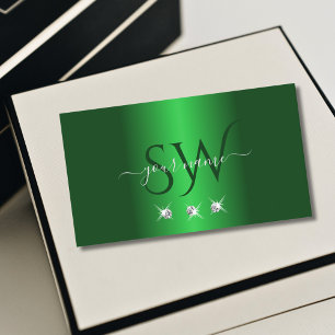 Carte De Visite Élégant Verte Silver Diamants Étincelants Monogram