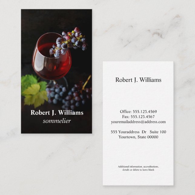 Carte De Visite Elégant Vin Verre Raisins sommeliere professionnel (Devant / Derrière)
