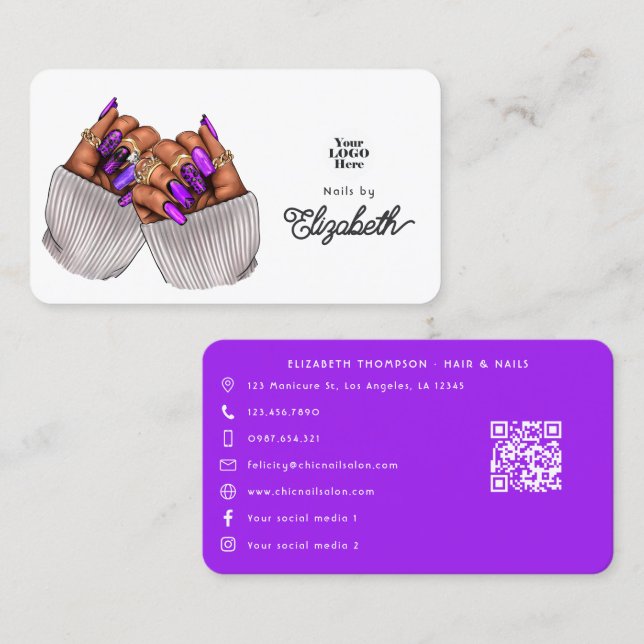 Carte De Visite Élégant violet Africain Américain Nail Salon (Devant / Derrière)