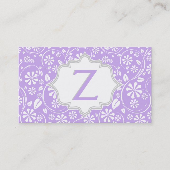 Carte De Visite Élégant violet blanc, motif floral gris monogramme (Devant)