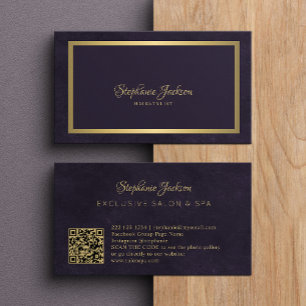 Carte De Visite Elégant violet foncé et or code QR luxe