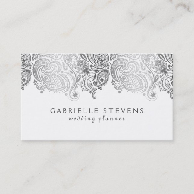 Carte De Visite Élégant Wedding planner Argent Et Blanc Paisley (Devant)