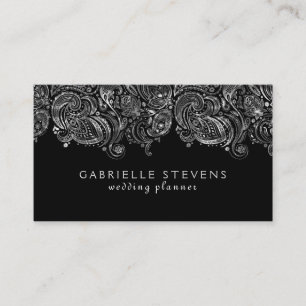Carte De Visite Élégant Wedding planner Argent Et Paisley Noir