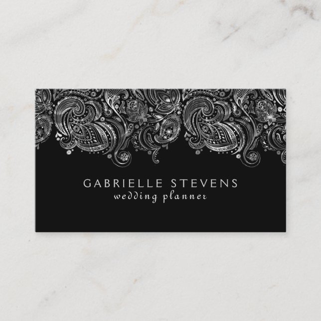 Carte De Visite Élégant Wedding planner Argent Et Paisley Noir (Devant)