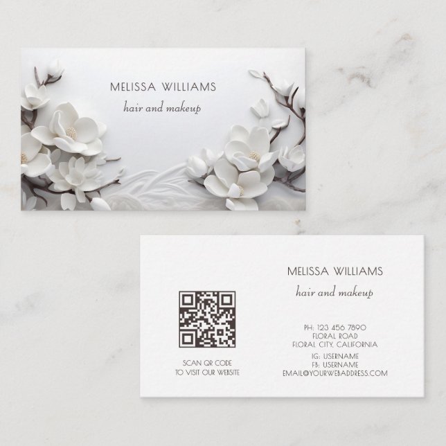 Carte De Visite Elegant White 3D Magnolia (Devant / Derrière)
