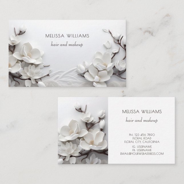 Carte De Visite Elegant White 3D Magnolia (Devant / Derrière)
