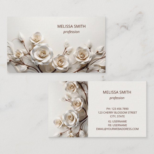Carte De Visite Elegant White 3D Roses (Devant / Derrière)