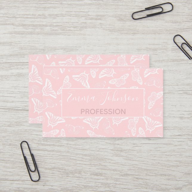 Carte De Visite Elegant White Butterflies Rose Design (Devant/Arrière en situation)