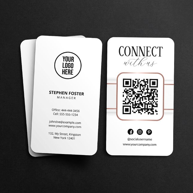 Carte De Visite Élégant White Rose Gold Connexion avec le code QR  (Créateur téléchargé)