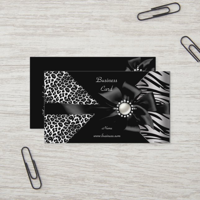 Carte De Visite Elégant Zebra Leopard Black Diamond look (Devant/Arrière en situation)