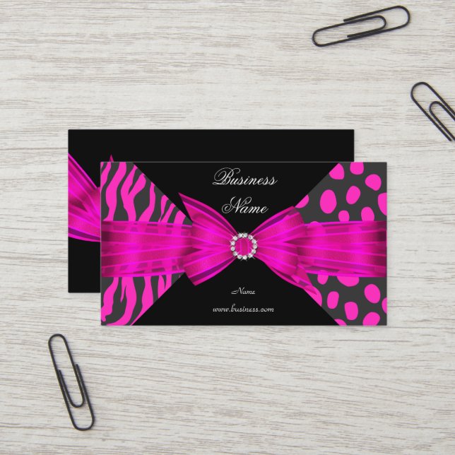 Carte De Visite Elégant Zebra Leopard noir rose chaud (Devant/Arrière en situation)