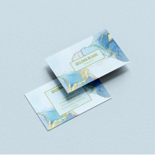Carte De Visite Elégante aquarelle bleue et Parties scintillant or
