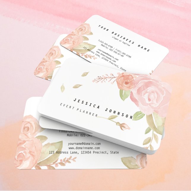 Carte De Visite Elégante Aquarelle Chic Blush Rose & Peach Floral (Créateur téléchargé)