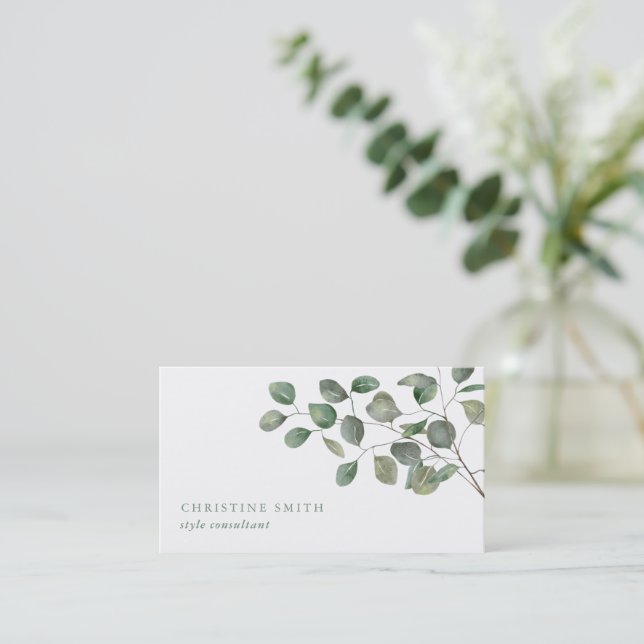 Carte De Visite Elégante aquarelle Eucalyptus Vert simple (Debout devant)