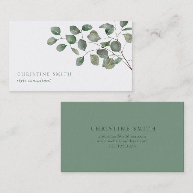 Carte De Visite Elégante aquarelle Eucalyptus Vert simple (Devant / Derrière)