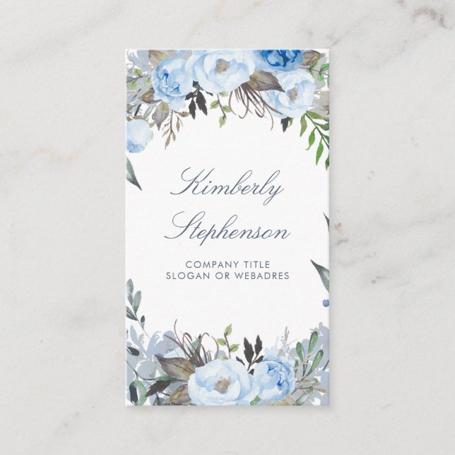 Carte De Visite Elégante aquarelle florale bleu poussiéreux (Devant)