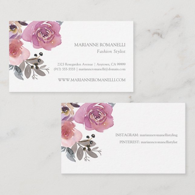 Carte De Visite Elégante aquarelle florale mauve rose (Devant / Derrière)