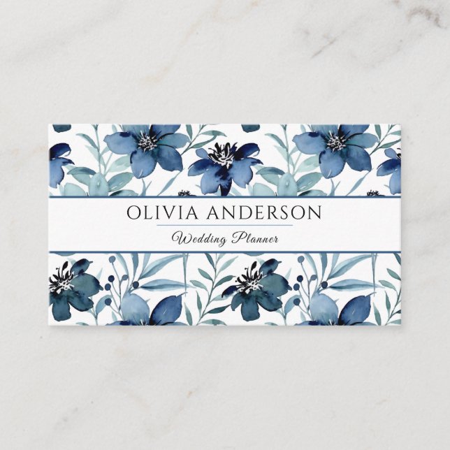 Carte De Visite Elégante aquarelle marine bleu floral moderne Moti (Devant)