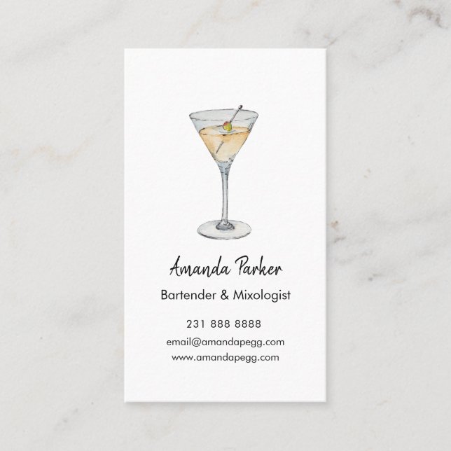 Carte De Visite Elégante aquarelle Martini bartender, Mixologue (Devant)