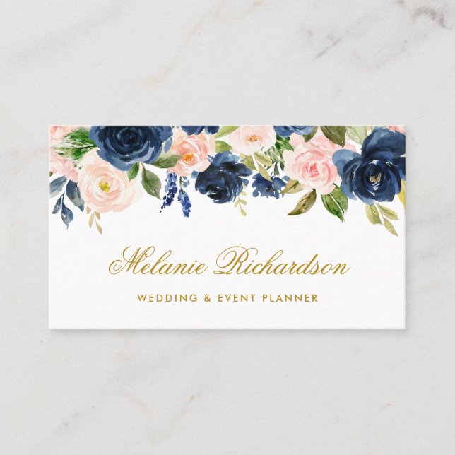 Carte De Visite Elégante Aquarelle Or rose Blush Blue Floral (Devant)