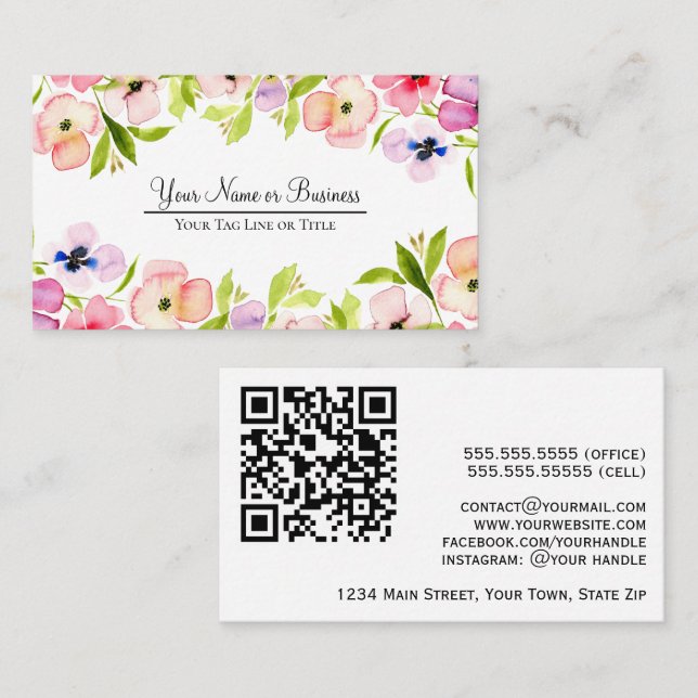 Carte De Visite Elégante aquarelle Pansies Feminine QR Code (Devant / Derrière)