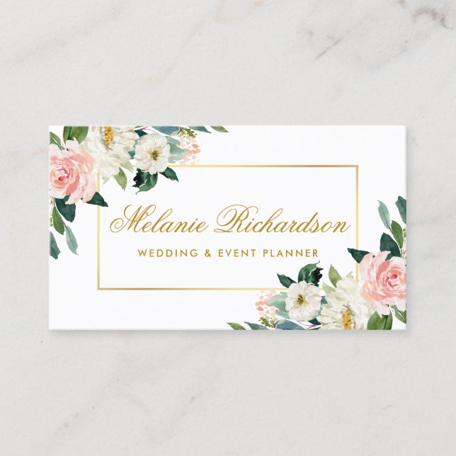 Carte De Visite Elégante Aquarelle rose Blush Blanc Floral Or (Devant)