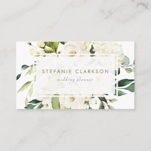 Carte De Visite Elégante aquarelle Roses blanches et Hydrangeas