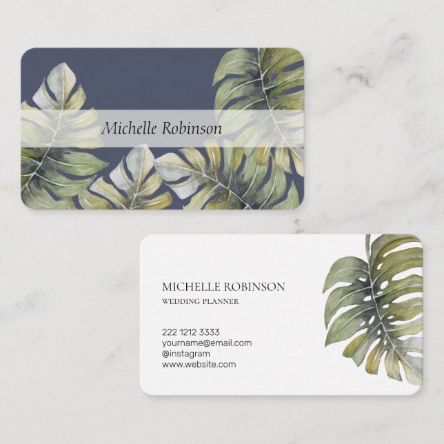 Carte De Visite Elégante aquarelle Tropical Monstera Professional (Devant / Derrière)