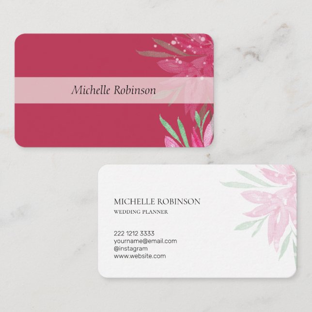Carte De Visite Elégante aquarelle Viva Magenta Floral (Devant / Derrière)