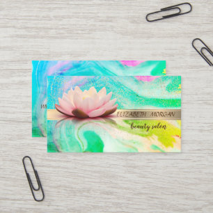 Carte De Visite Elégante Bande Or Confetti, Lotus, Marbre Vert