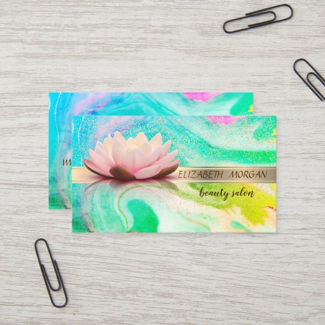 Carte De Visite Elégante Bande Or Confetti, Lotus, Marbre Vert (Devant/Arrière en situation)