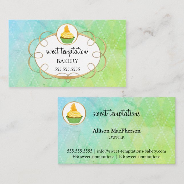 Carte De Visite Élégante boulangerie Cupcake & Gold Scroll (Devant / Derrière)