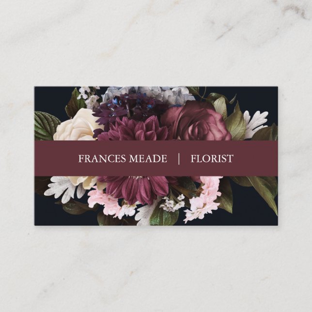 Carte De Visite Élégante Bourgogne et florale blanche | (Devant)