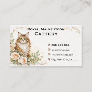 Carte De Visite Élégante Chatterie de Maine Coon à l'aquarelle