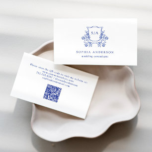 Carte De Visite Élégante crête et monogramme   Bleu et blanc