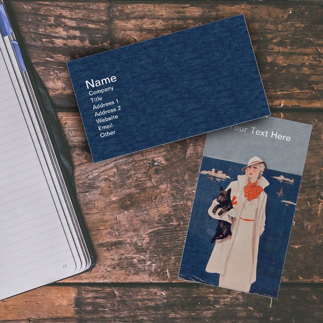 Carte De Visite Elégante dame en blanc par Ocean Black Scotty Dog (Lady with black Scottish Terrier dog in white suit by ocean with boats on business cards.)