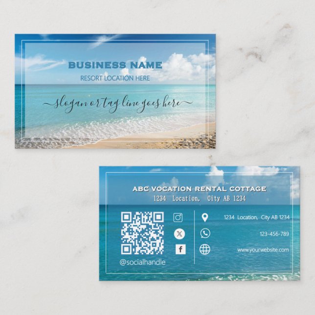 Carte de visite élégante de spa de plage avec code (Devant / Derrière)