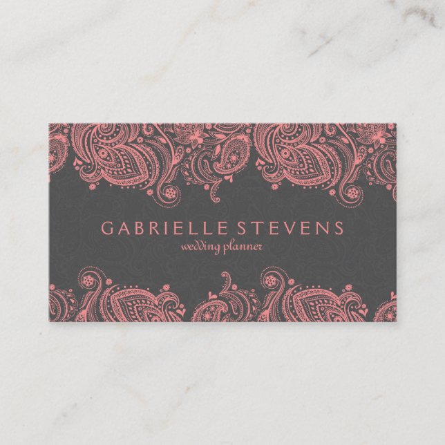 Carte De Visite Elégante Dentelle De Paisley Rose Et Gris (Devant)