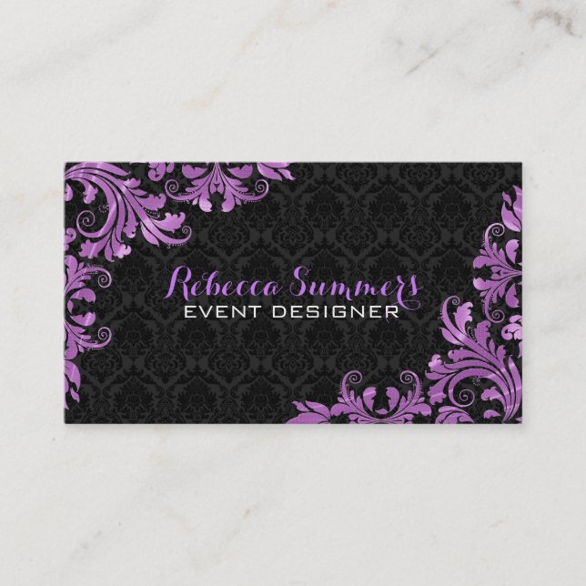 Carte De Visite Élégante dentelle métallique violette noir Damas (Devant)